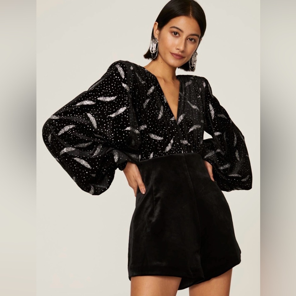Bronx and Banco Maria Velvet Romper black romper print puff sleeve, metallic - Picture 2 of 4
